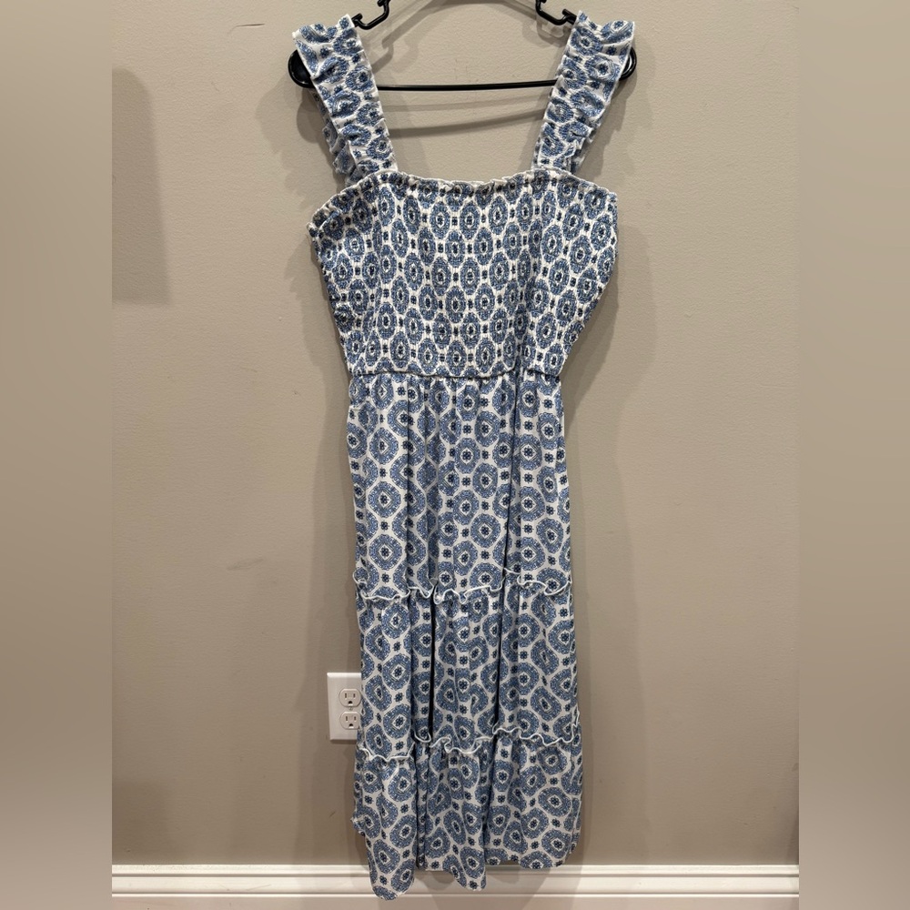 As U Wish Blue and White Chinoiserie Smocked Ruffle Sleeve Tiered Midi Dress